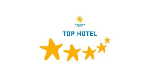 Cinco estrellas naranjas bajo el texto "TOP HOTEL" en azul; sol estilizado arriba.