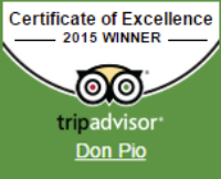 Certificado de Excelencia de TripAdvisor 2015, otorgado a Don Pio. Fondo verde con logo de TripAdvisor.