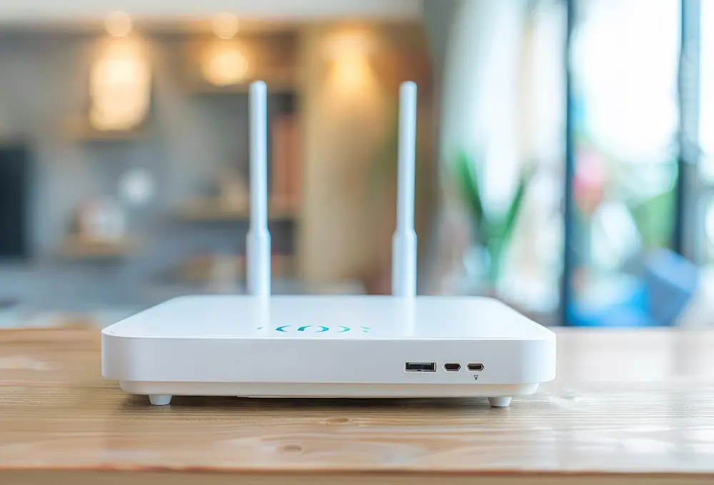 Un router blanco con dos antenas en una mesa, desenfoque de fondo.