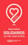 Fondo rojo con texto: "Aquí somos solidarios con San Juan de Dios" y un logo de corazón con 2025.