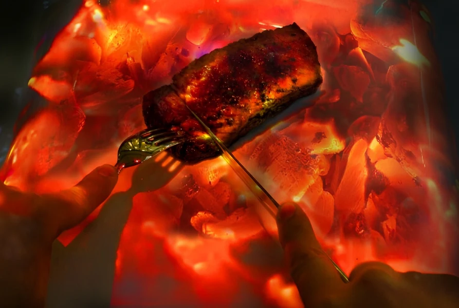Manos cortando una carne asada sobre brasas iluminadas en tonos rojizos.