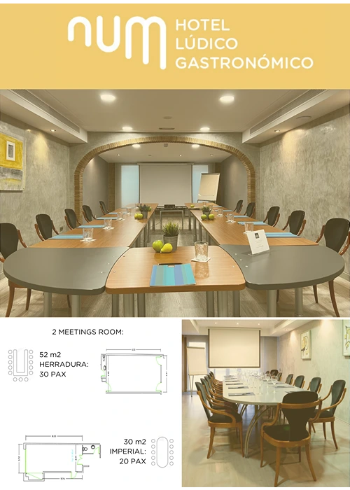 Sala de reuniones con disposición en herradura y detalles del hotel "Num".