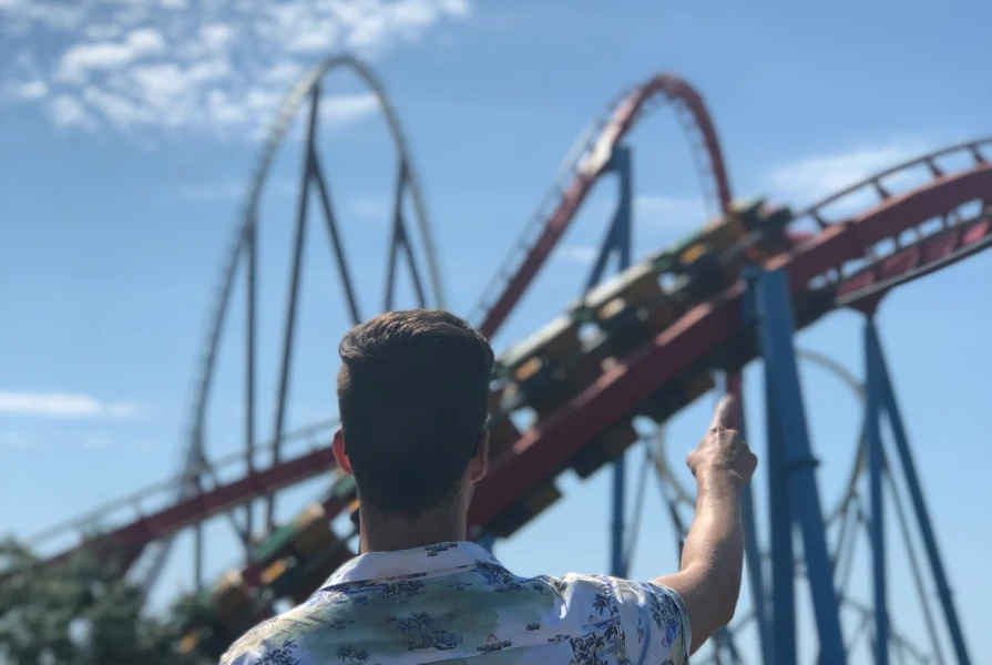 Persona de espaldas señalando una montaña rusa con el cielo azul de fondo.