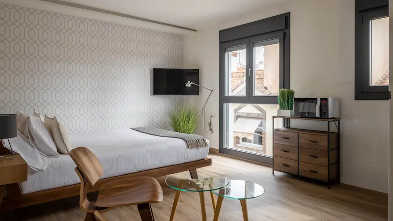 Habitación moderna con cama, escritorio, televisor, ventana y planta decorativa.