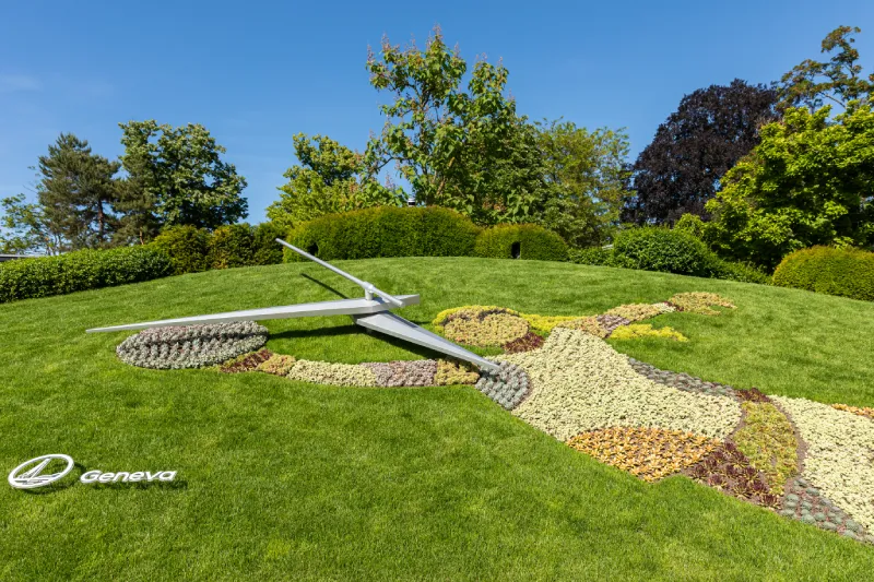 Horloge fleurie à Genève, composée de plantes colorées, avec arbres en arrière-plan.