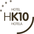 Logotipo del Hotel HK10 con cuatro estrellas y un diseño estilizado en color marrón.