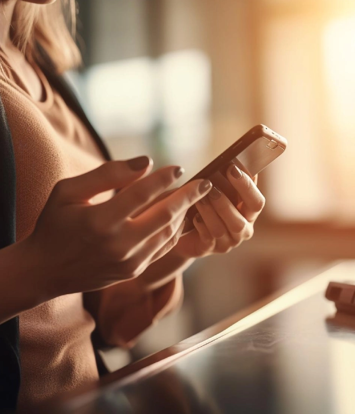 Persona sosteniendo un teléfono inteligente con luz suave al fondo.