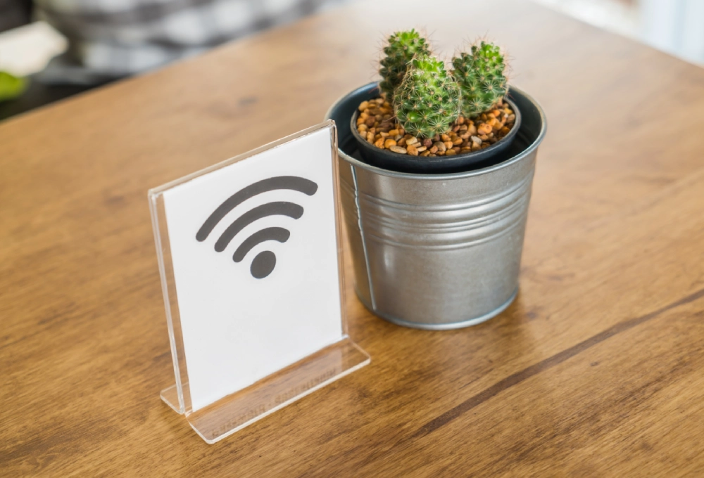 Señal de WiFi junto a una maceta con cactus en una mesa de madera.