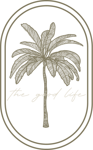 Palm tree illustration with the text "the good life" in a script font, enclosed in an oval border.