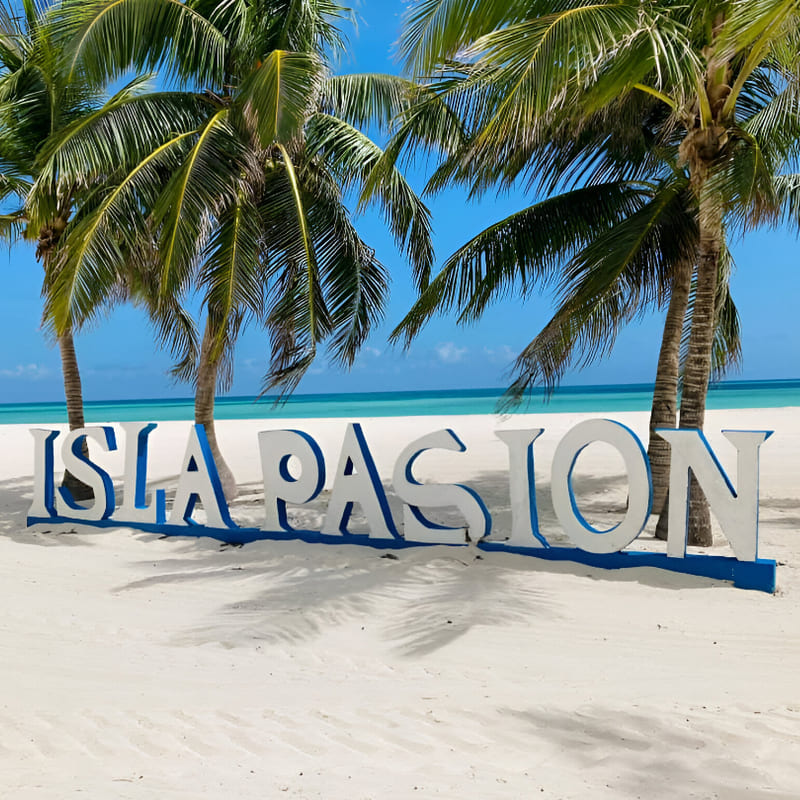 "Isla Pasión sign on a sandy beach with palm trees and turquoise water under a clear blue sky."