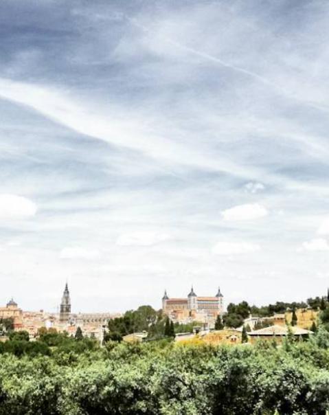 Vista de un paisaje con edificios históricos y cielo nublado en el horizonte.