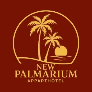 Logo d'un appart'hôtel avec palmiers et coucher de soleil, texte : "New Palmarium Apparthôtel".