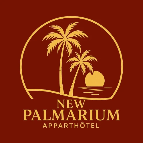 Logo d'un appart'hôtel avec palmiers et coucher de soleil, texte : "New Palmarium Apparthôtel".