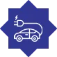 Icono de coche eléctrico enchufado sobre una figura azul de estrella de ocho puntas.