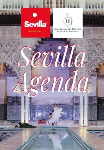 Portada de "Sevilla Agenda" con arquitectura árabe y logos de Sevilla Turismo y la asociación hotelera.