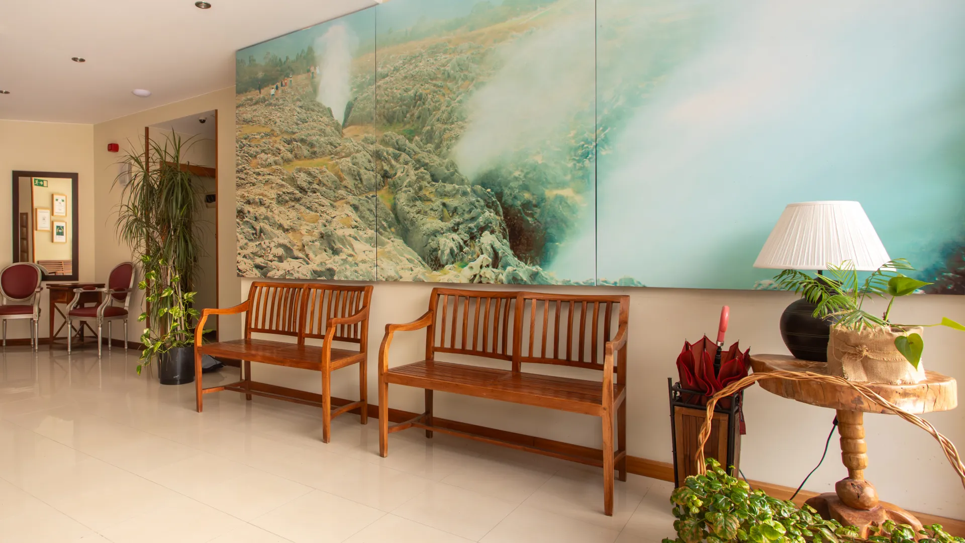 Sala de espera con bancas, plantas y l&aacute;mpara; gran mural de paisaje natural en la pared.