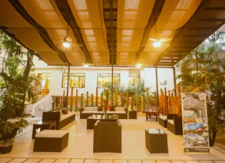 Patio cubierto con muebles oscuros y plantas alrededor, techo con paneles marrones.