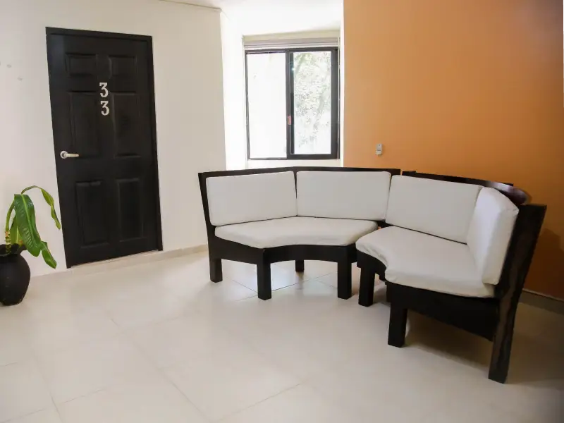 Sala con sof&aacute; blanco, puerta negra con "33", ventana y planta en esquina.