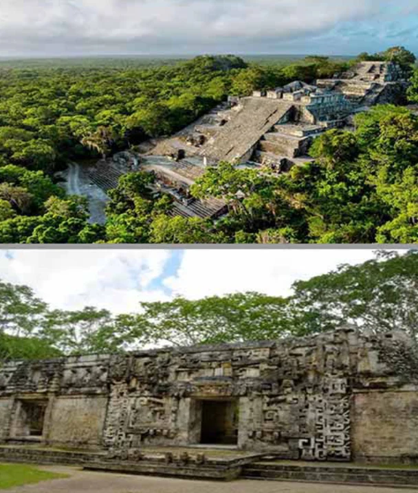 Ruinas mayas en la selva, con una pir&aacute;mide escalonada y templo decorado con figuras geom&eacute;tricas.