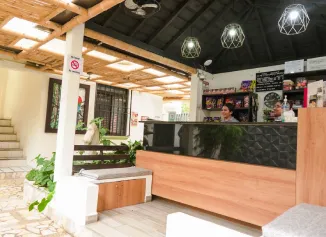 Recepci&oacute;n de un local con mostrador, techo de madera y l&aacute;mparas colgantes.