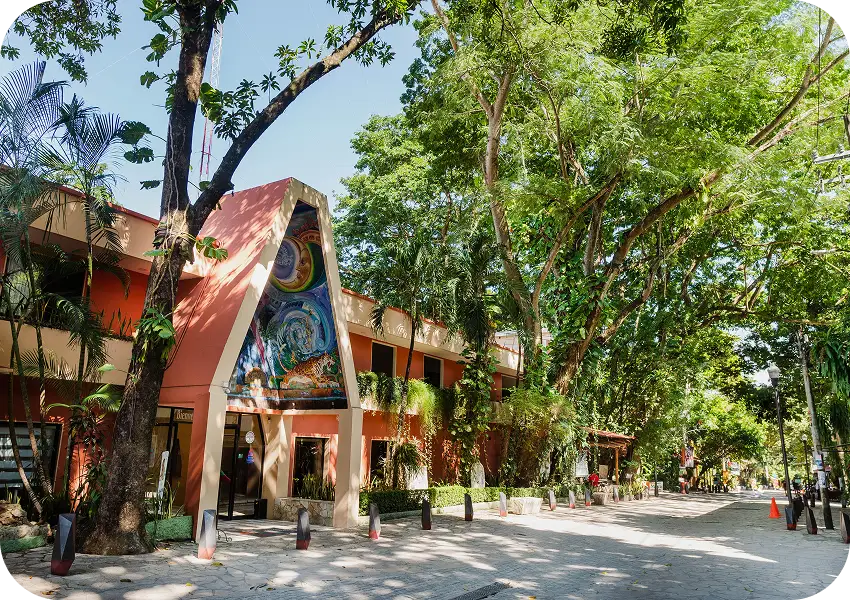 Edificio naranja con mural y &aacute;rboles altos en una calle peatonal y soleada.