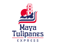 Logotipo de "Maya Tulipanes Express" con un templo y un sol rojo detr&aacute;s.