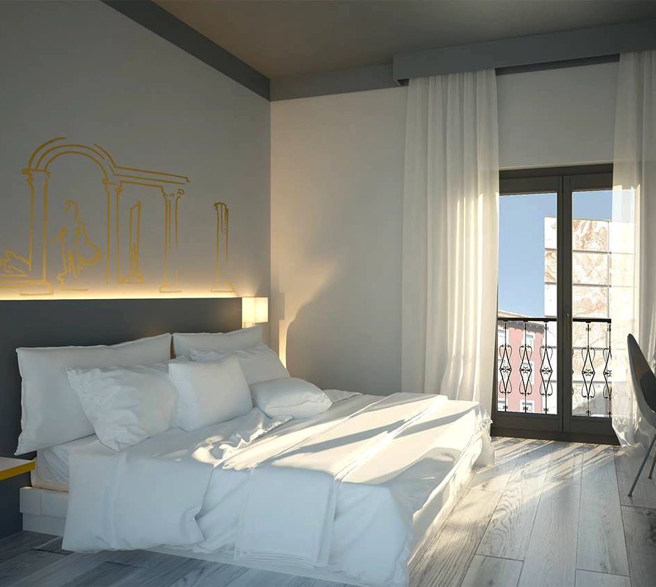 Habitaci&oacute;n moderna con cama blanca y luces suaves, ventana con cortinas y balc&oacute;n con vista exterior.