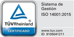 Certificado TÜV Rheinland, Sistema de Gestión ISO 14001:2015, www.tuv.com, ID 9105041211.
