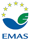 Logotipo de EMAS con estrellas amarillas, una hoja verde y una línea azul, representando el sistema de gestión ambiental.