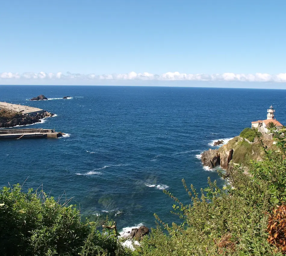 Vista del océano azul desde un acantilado con faro, cielo despejado y vegetación en primer plano.