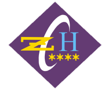 Logo con letras "ZCH" y asteriscos sobre un fondo púrpura con forma de rombo.