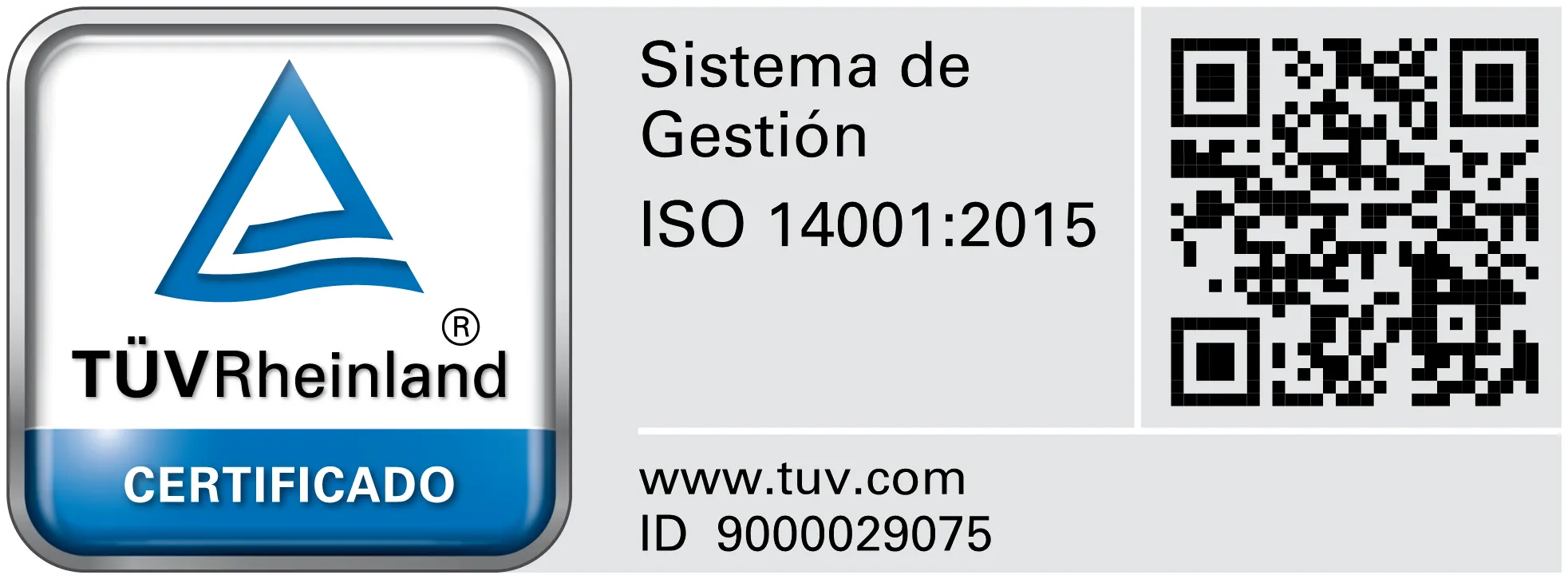Certificado TÜV Rheinland ISO 14001:2015, Sistema de Gestión, con código QR y enlace web.