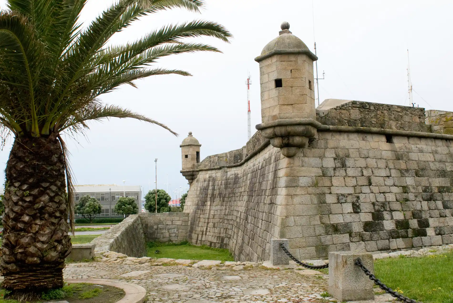 Stone fortress with battlements and watchtower, palm tree in foreground.