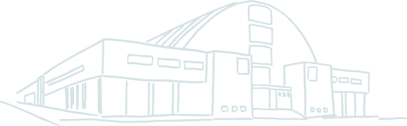 Line drawing of a modern building with a semi-circular roof and large windows.