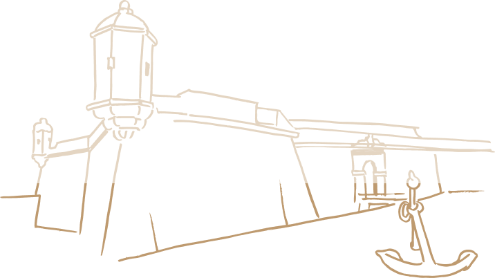 Line drawing of a fort with towers and an anchor in the foreground.