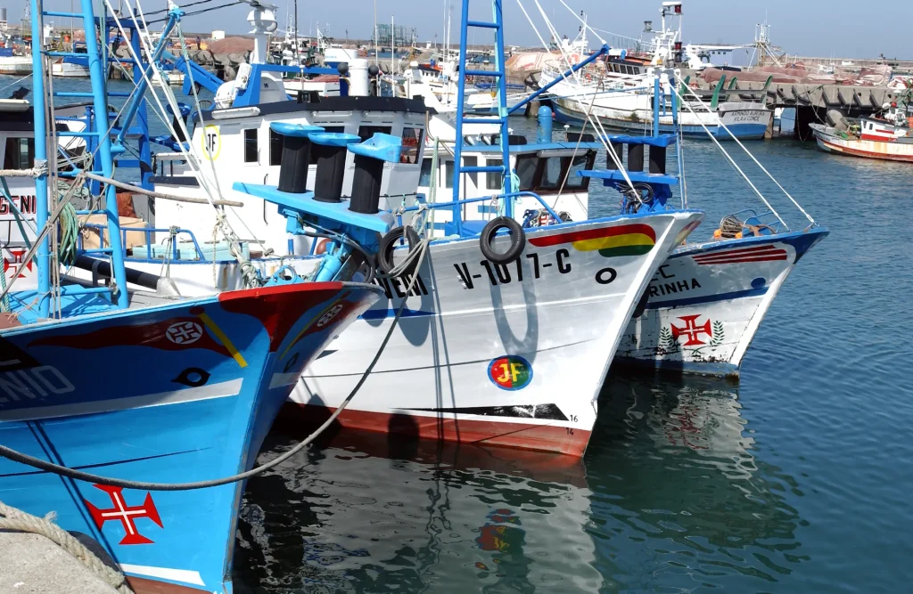 Colorful fishing boats docked at a harbor with calm water reflections.