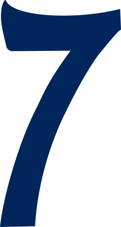 Bold, dark blue number seven on a white background.