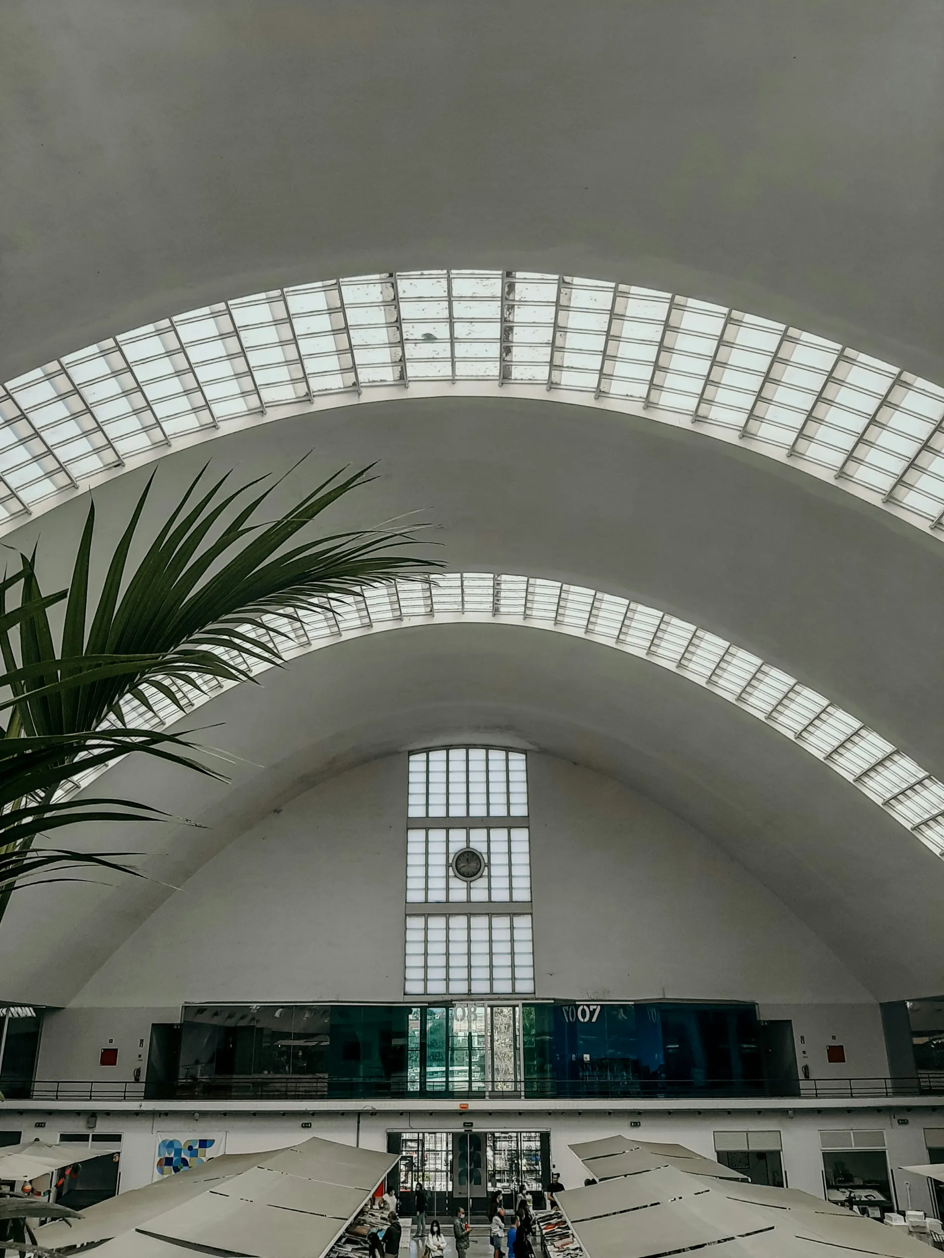 Arched ceiling with skylights, indoor plants, large clock, and people in a spacious hall.