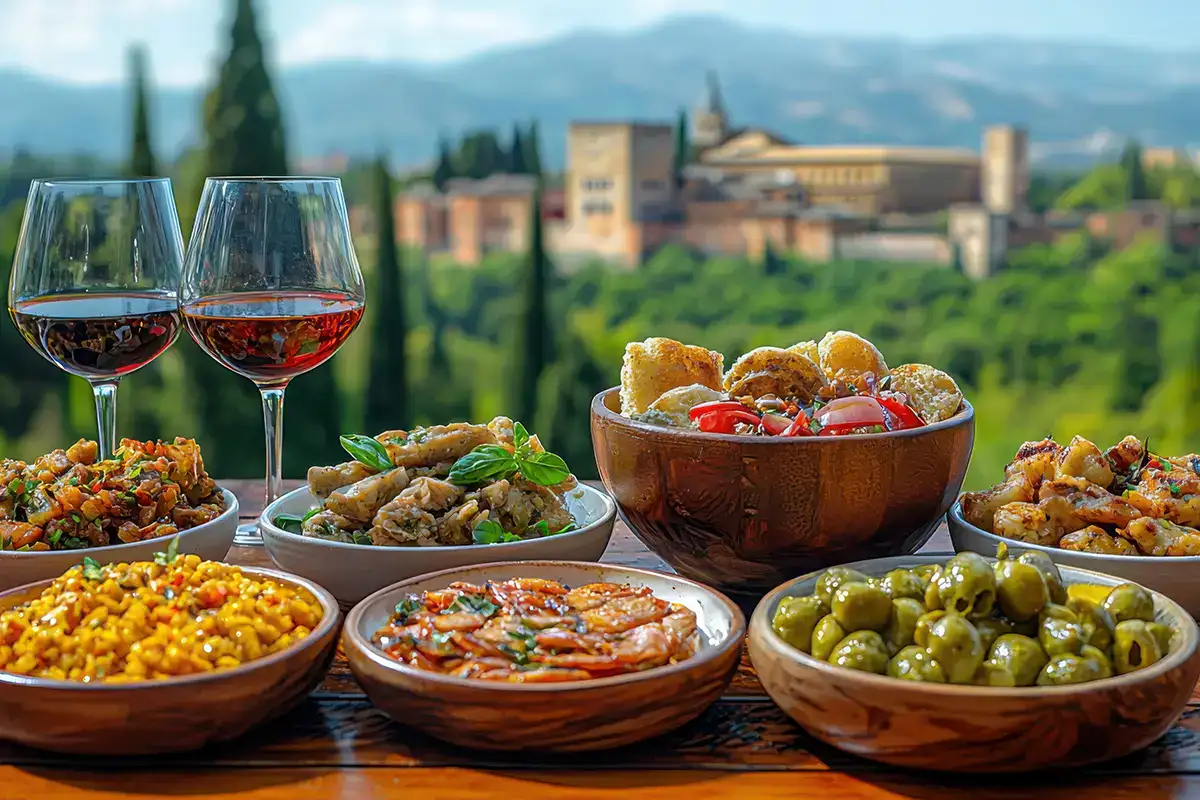 Platos de comida y dos copas de vino con paisaje de fondo.