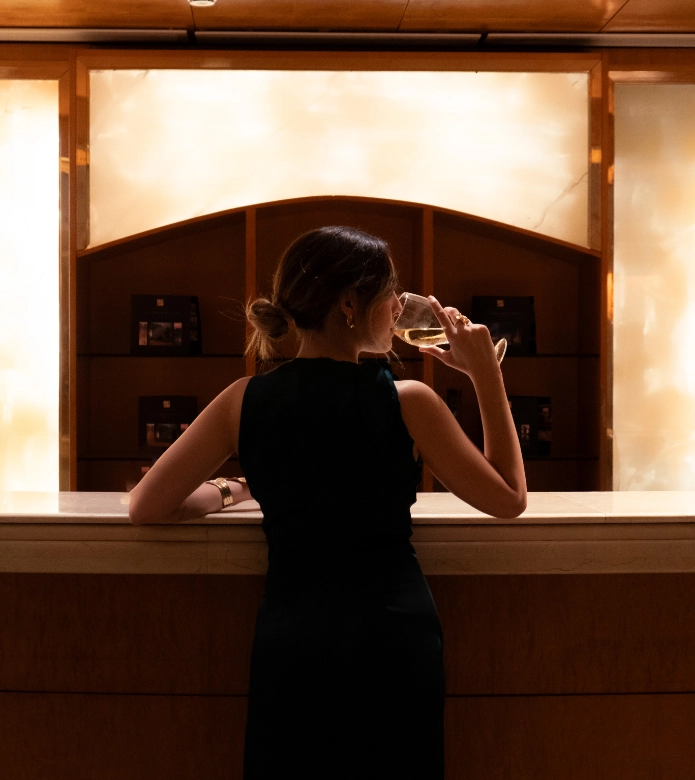 Mujer de espaldas tomando vino en un bar elegante con iluminaci&oacute;n c&aacute;lida.