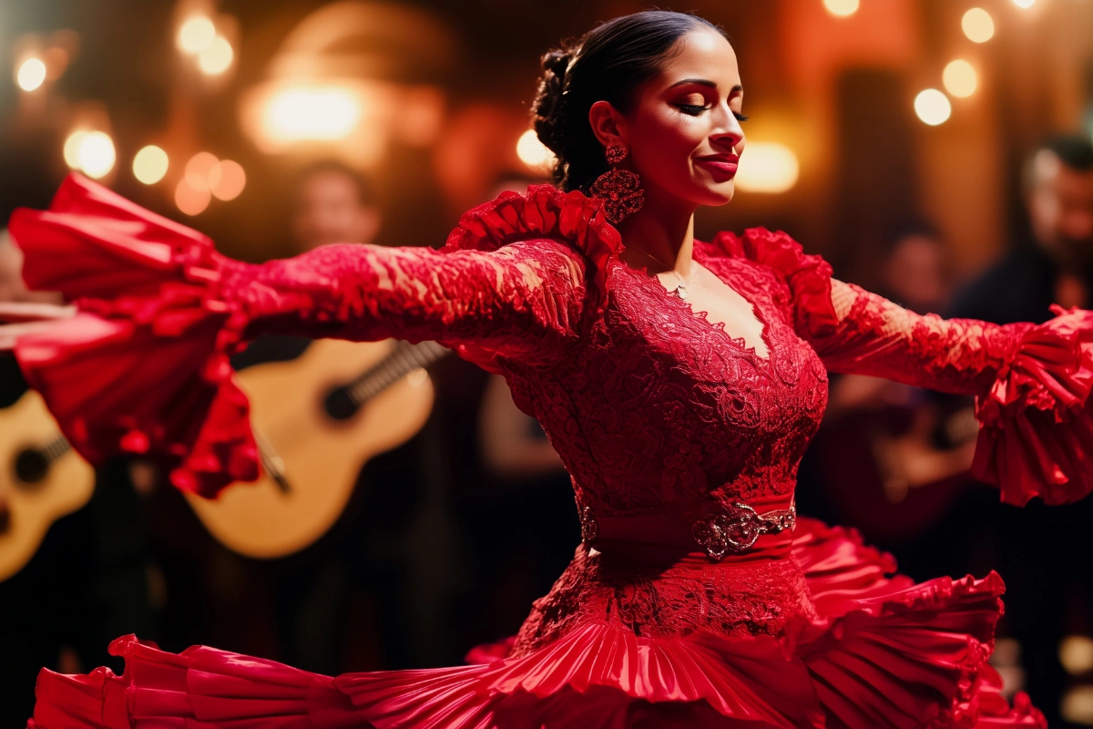 Bailarina de flamenco en vestido rojo con guitarras al fondo.
