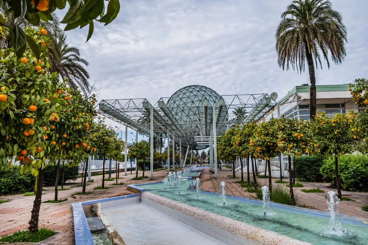 Edificio con techo de cristal, naranjos y fuentes de agua en un paseo.
