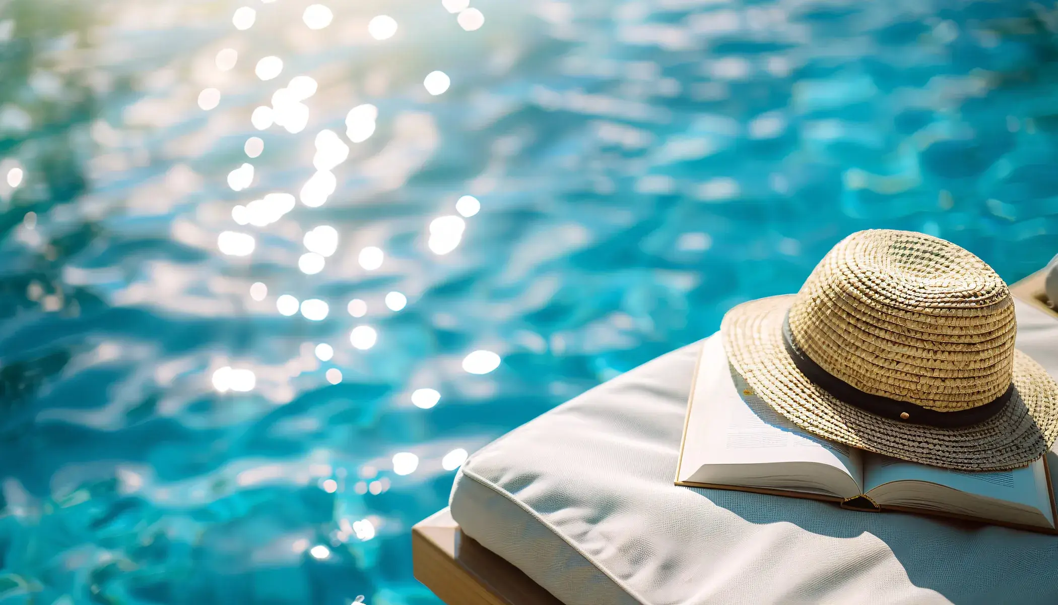 Sombrero sobre libro junto a la piscina bajo el sol.