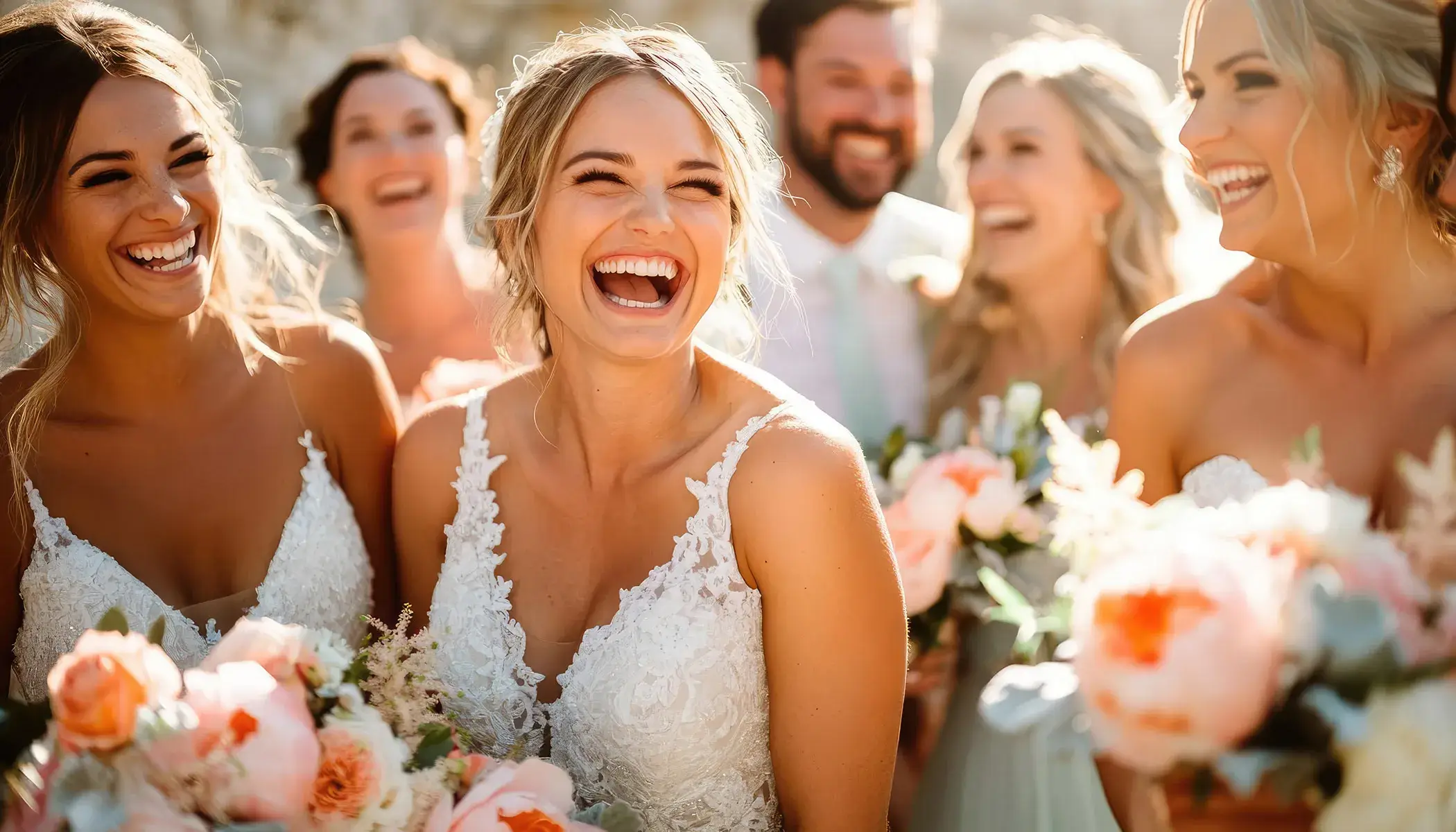 Grupo de personas riendo y sosteniendo ramos de flores en una boda.