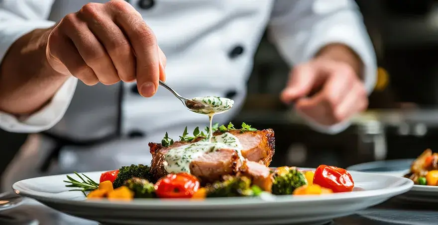 Chef sirviendo salsa sobre un platillo de carne y verduras.
