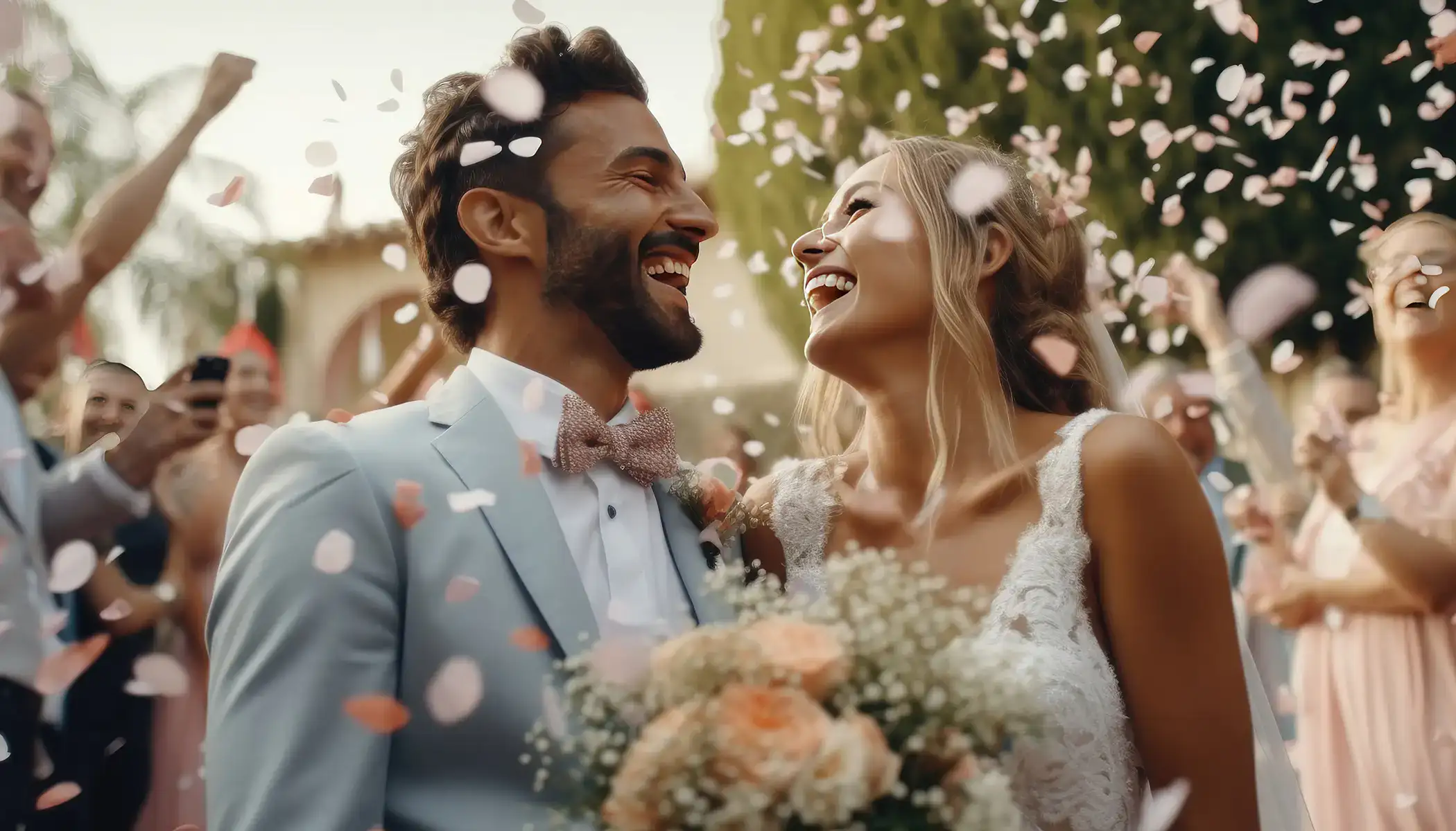 Pareja sonriendo en su boda bajo una lluvia de p&eacute;talos.