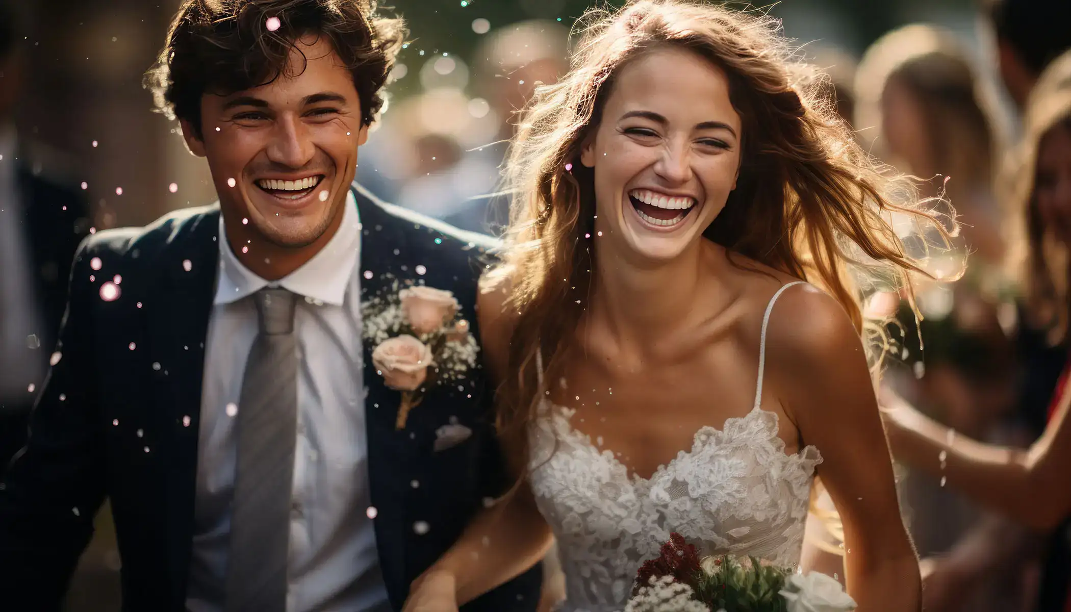 Pareja feliz riendo el d&iacute;a de su boda, rodeados de p&eacute;talos.