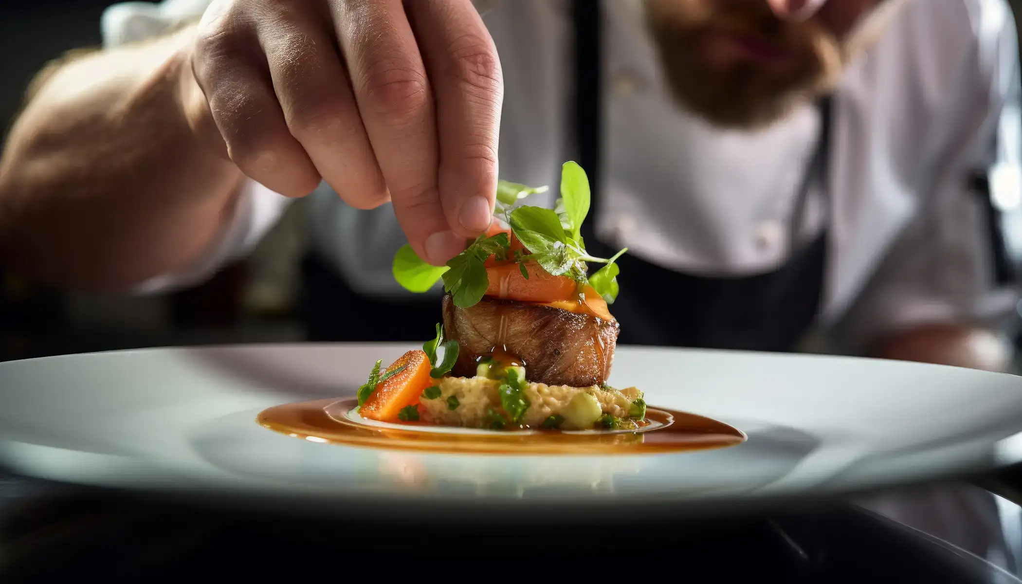 Chef decorando plato gourmet con hierbas frescas.