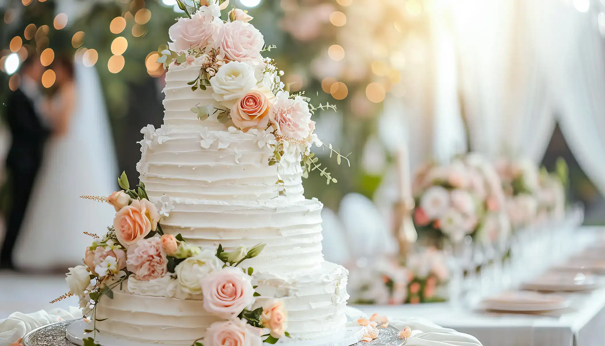 Pastel de bodas blanco decorado con flores rosas y blancas.