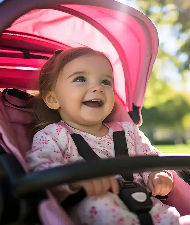Beb&eacute; sonriente en un cochecito rosa al aire libre.